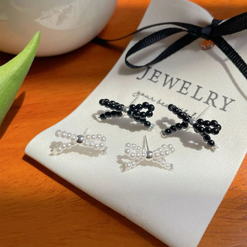 DAIIIBABYYY  -  Korean Fashion Beaded Bow-knot Stud Earrings for Women Kpop INS Style Temperament Simple Bow Earring Jewelry Party Gift
